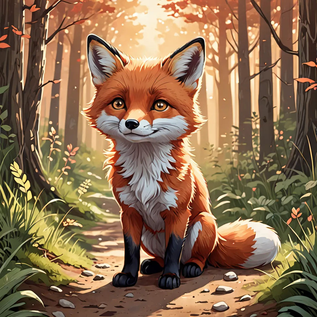 a red fox sitting on a path in the woods with leaves and rocks around it's feet and looking at the camera, furry art, a fine art painting, Aaron Jasinski, official art