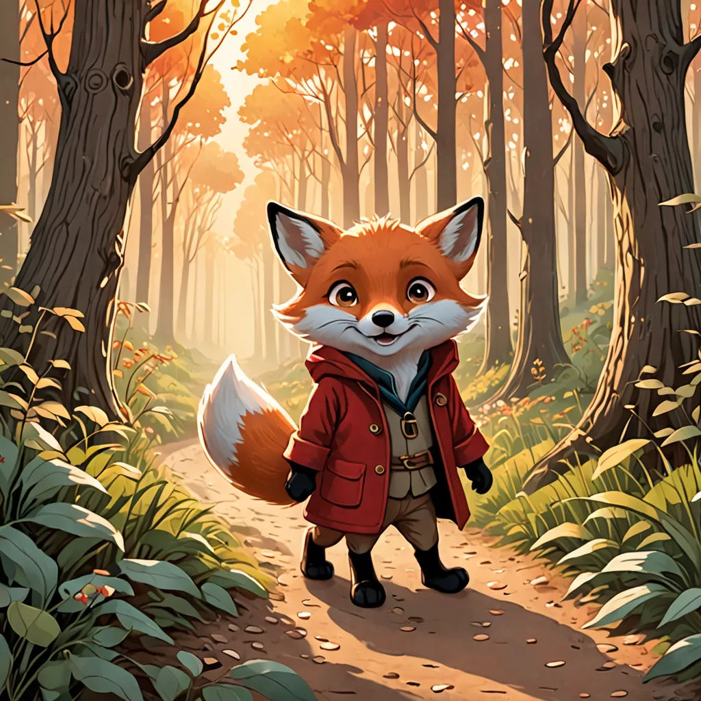 a fox in a red jacket is walking through a forest with trees and leaves on the ground and a path leading to the woods, furry art, a storybook illustration, Aaron Jasinski, official art