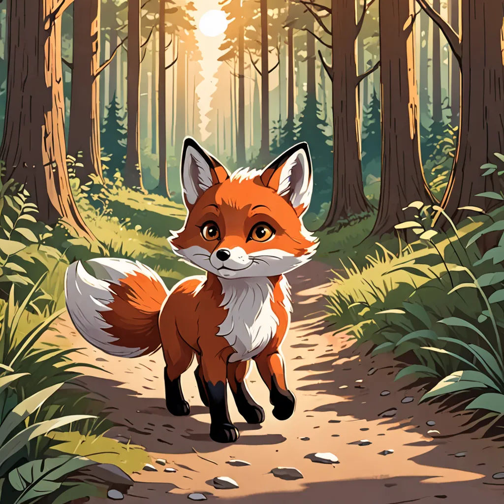 a red fox is walking through a forest with tall trees and rocks on a path that leads to a forest with tall trees, furry art, a storybook illustration, Dan Mumford, official art