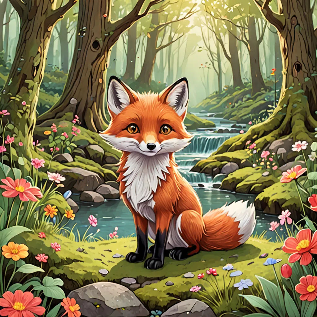 a painting of a fox sitting in a forest with flowers and rocks in front of it, looking at the camera, fantasy art, a storybook illustration, Dan Mumford, official art