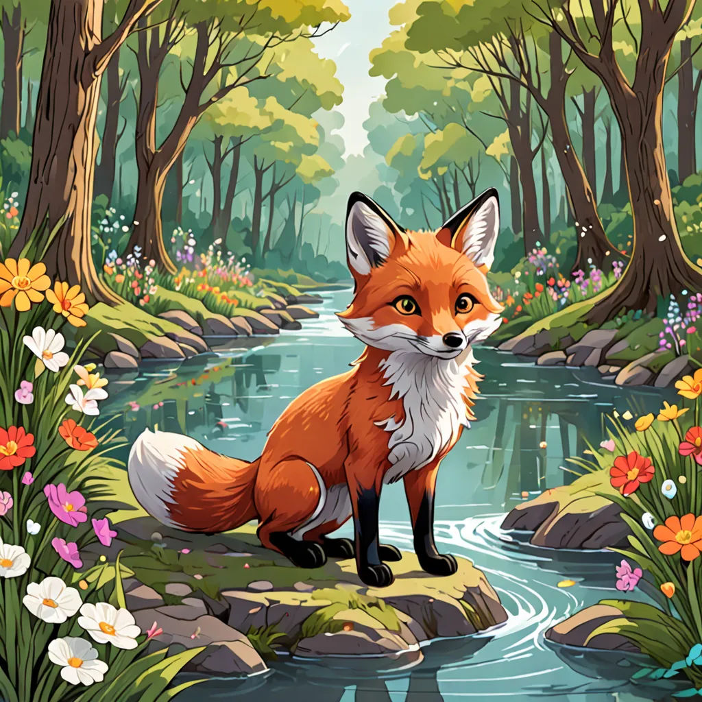 a fox sitting on a rock in a forest with flowers and trees around it, looking at the camera, fantasy art, a storybook illustration, Chris LaBrooy, official art