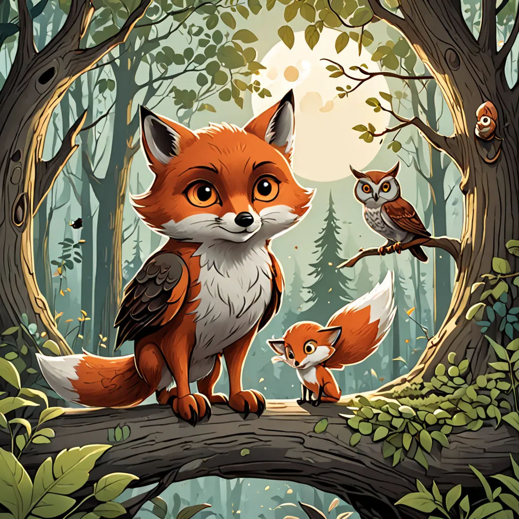 a fox and two owls sitting on a tree branch in a forest with a full moon in the background, fantasy art, a storybook illustration, Dan Mumford, storybook illustration