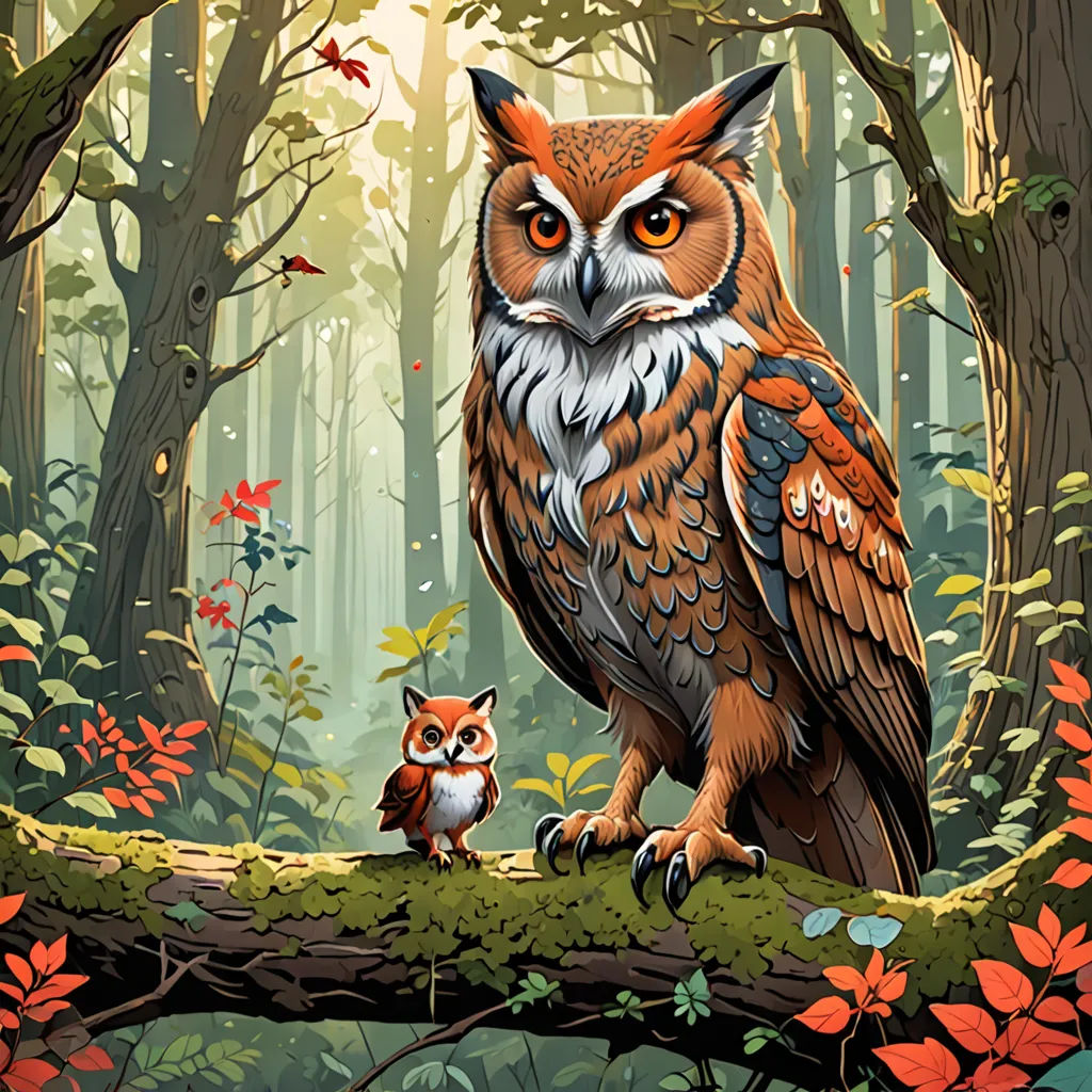 a painting of an owl and a baby owl on a branch in a forest with leaves and flowers around, fantasy art, a storybook illustration, Dan Mumford, josan gonzales and dan mumford