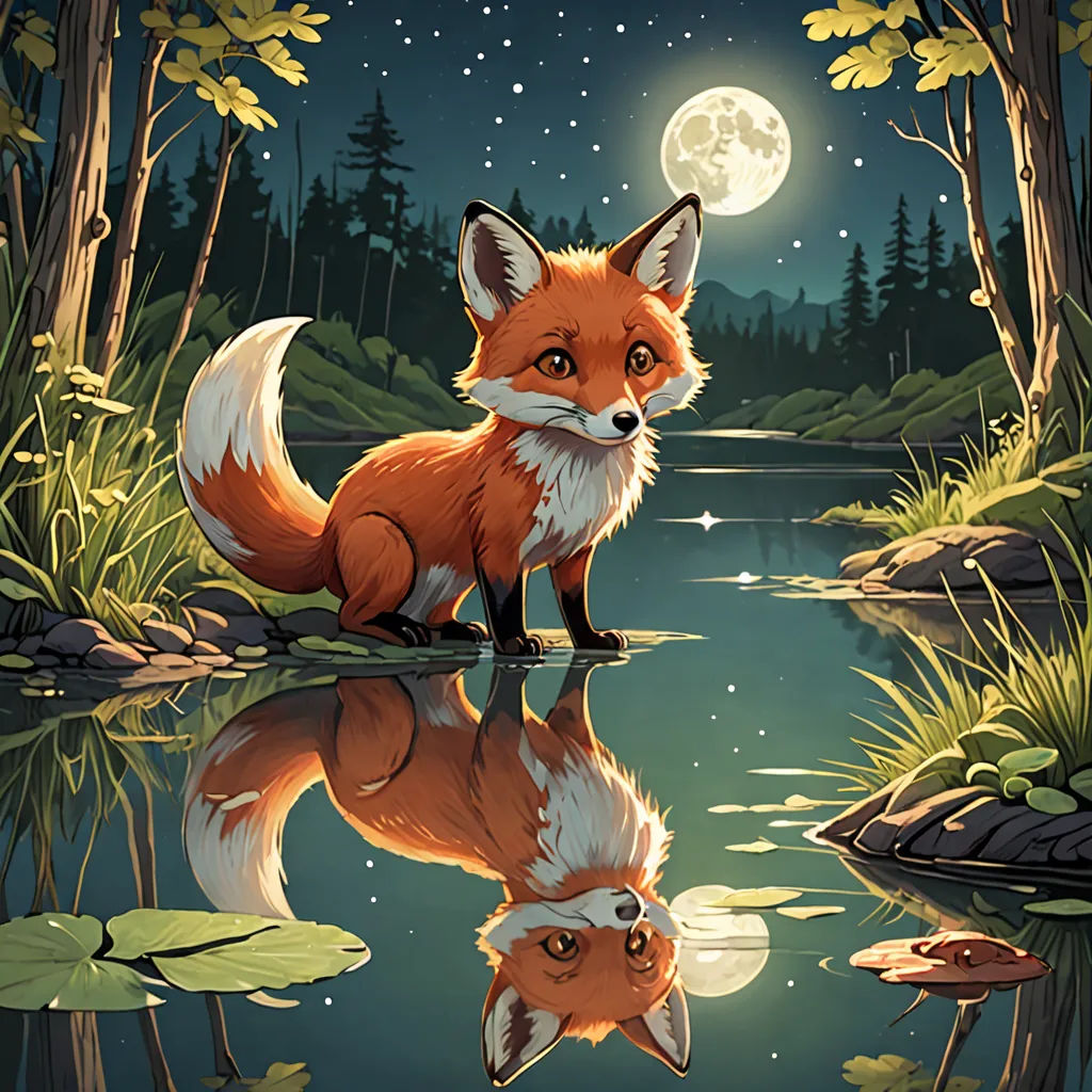 a fox is sitting on the edge of a pond at night with a full moon in the background and a reflection of the water, fantasy art, a storybook illustration, Dan Mumford, reflection