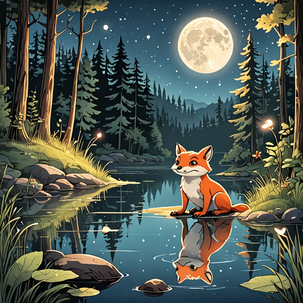 a fox sitting on a rock in a lake at night with a full moon in the background and a forest with rocks and trees, fantasy art, a storybook illustration, Dan Mumford, storybook illustration
