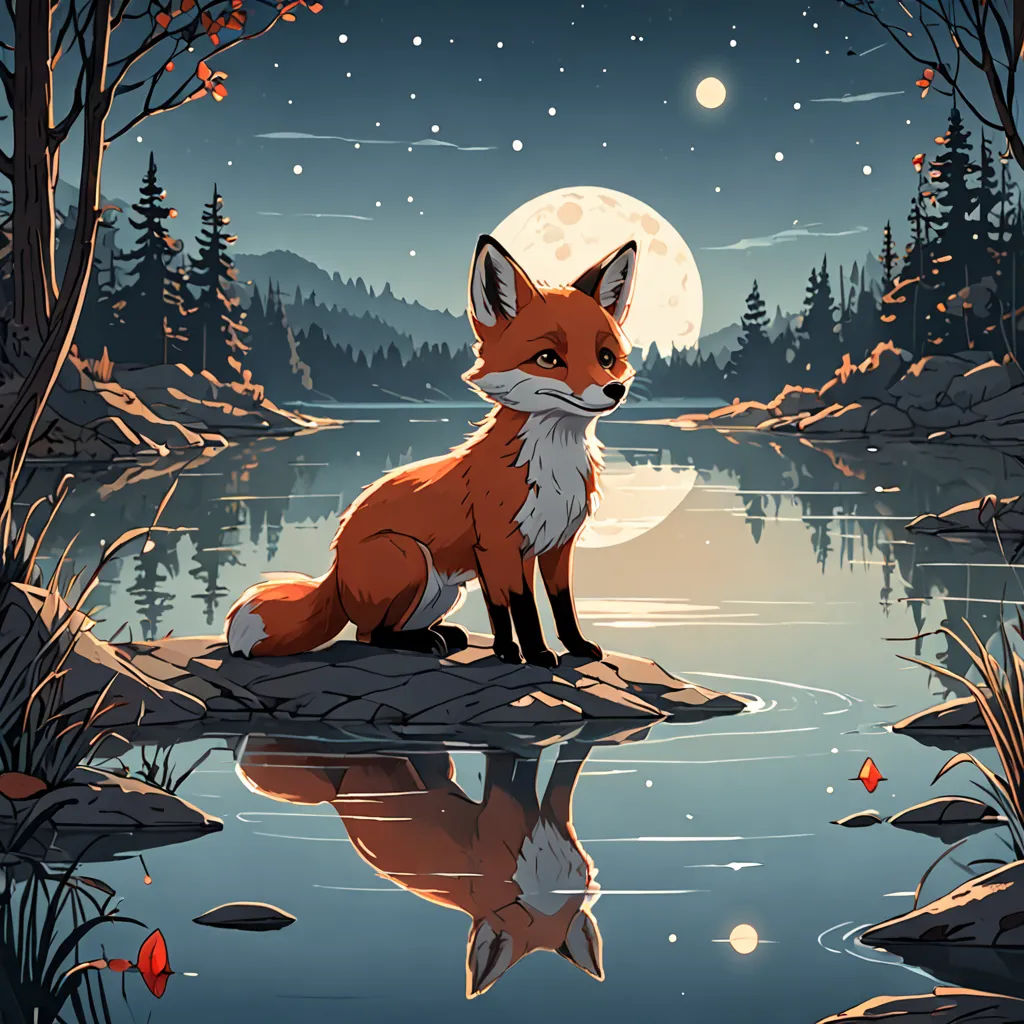 a fox sitting on a rock in front of a lake at night with a full moon in the sky, fantasy art, a storybook illustration, Dan Mumford, trending on art station