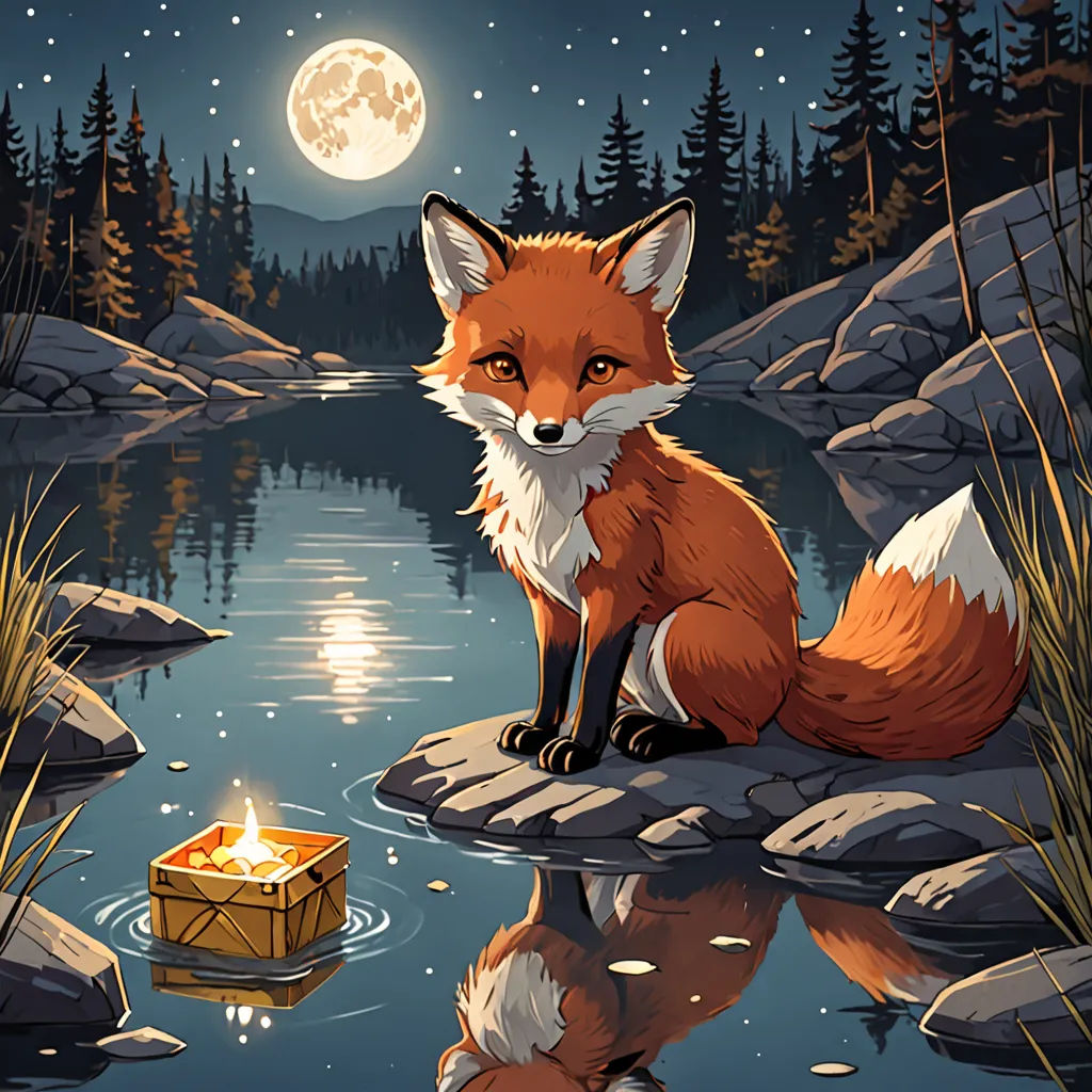 a fox sitting on a rock next to a lake with a box of matches in it and a full moon in the sky, furry art, a storybook illustration, Dan Mumford, storybook illustration