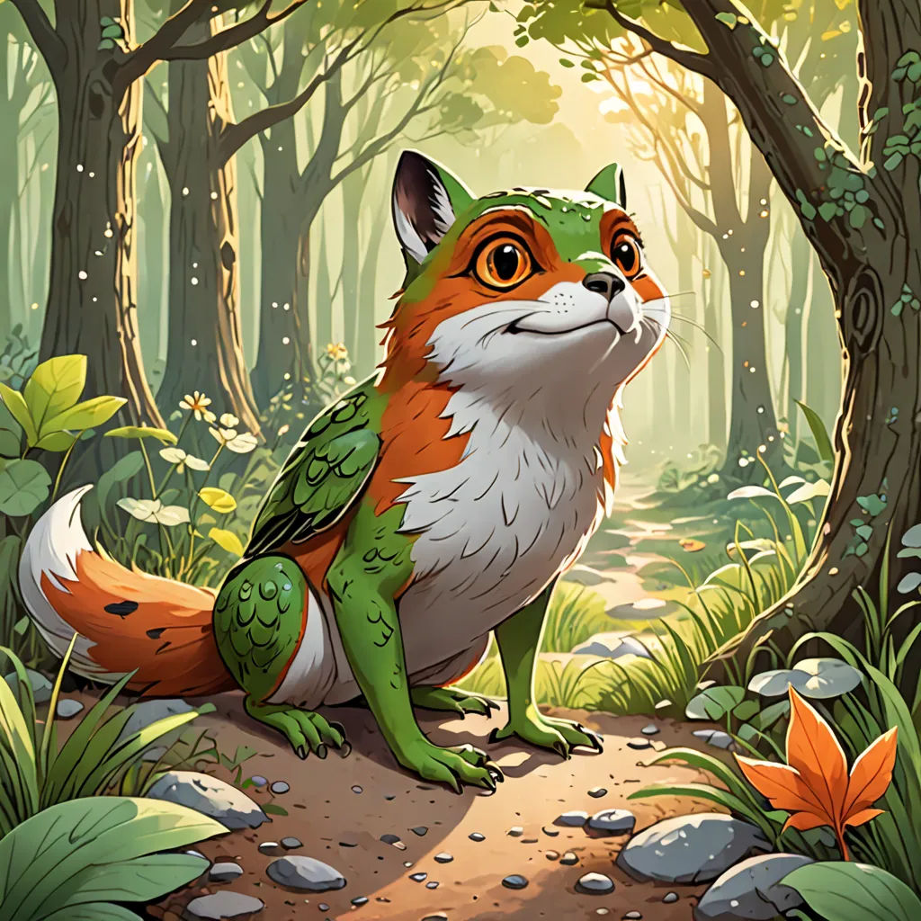 a cartoon picture of a fox in the woods with a forest background and rocks and grass and leaves and rocks and a path, altermodern, a character portrait, Chris LaBrooy, official art