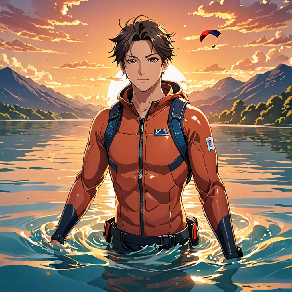 a man in a red shirt standing in the water with a bird flying above him and a mountain range in the background, sots art, a character portrait, Armin Hansen, rossdraws global illumination