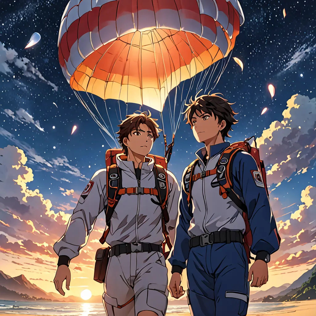 two people standing next to each other in front of a sky with a parachute in the background and a person holding a string, neo-romanticism, poster art, Ai-Mitsu, anime key visual