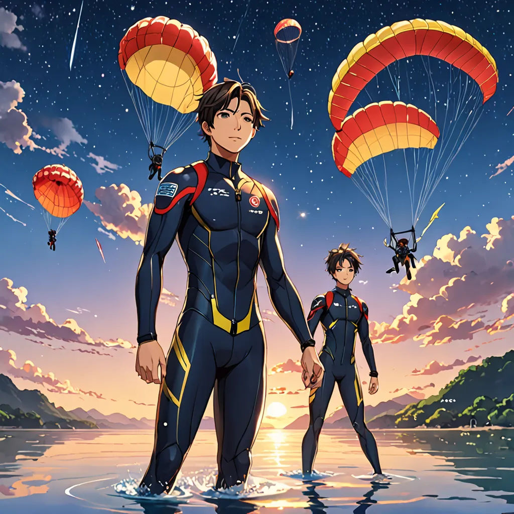 a man and a woman in a body of water with parachutes flying above them and a sunset in the background, rayonism, poster art, Ai-Mitsu, anime key visual
