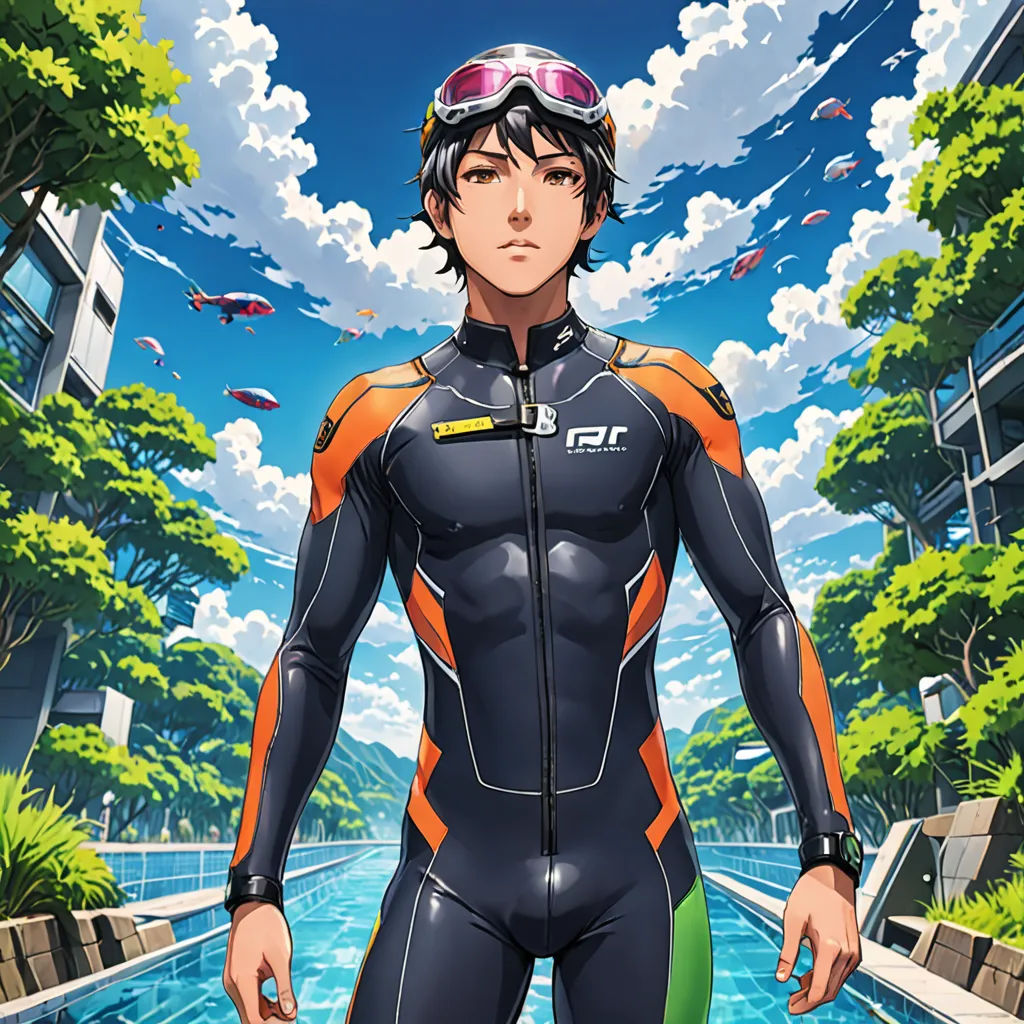 a man in a wet suit standing in front of a body of water with trees and buildings in the background, superflat, a character portrait, Aguri Uchida, official art