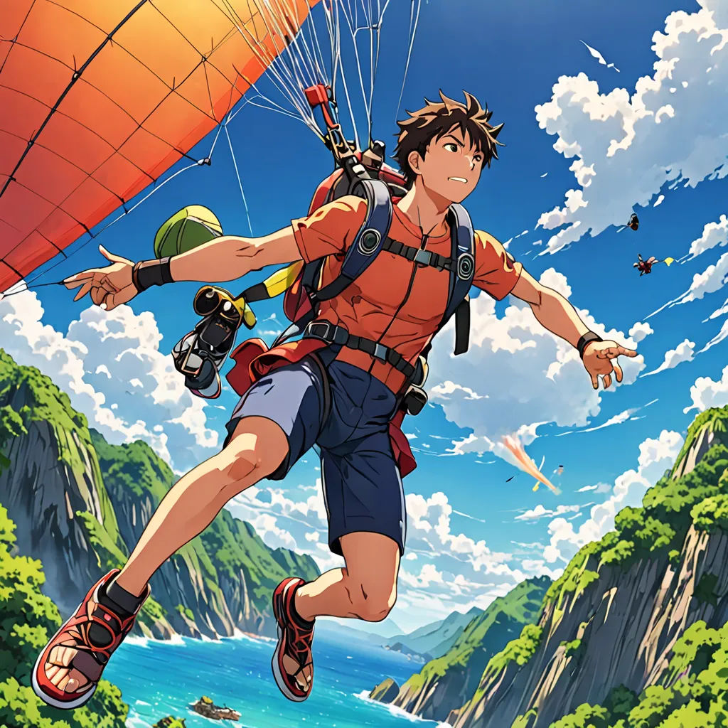 a man flying through the air while riding a parachute over a mountain range with a parachute attached to his back, rayonism, poster art, Eizan Kikukawa, anime key visual
