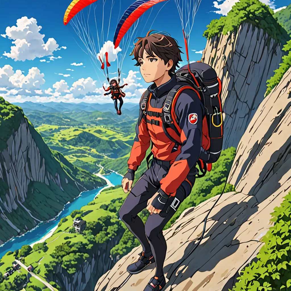a man with a backpack and a parachute in the sky above a mountain range with a river and a valley, rayonism, poster art, Aguri Uchida, anime key visual