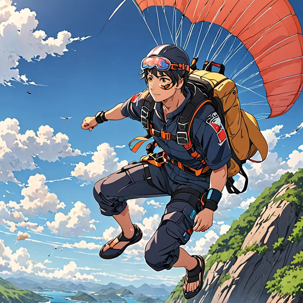 a man flying through the air while riding a parachute over a mountain top with a parachute attached to his back, dau-al-set, poster art, Ai-Mitsu, anime key visual