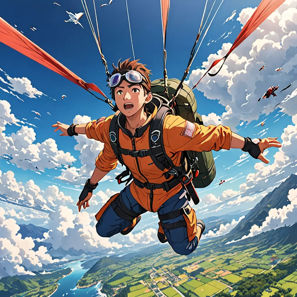 a man flying through the air while riding a parachute over a lush green field and mountains in the background, sots art, poster art, Chris LaBrooy, anime key visual