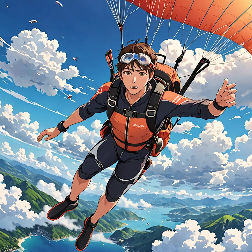 a man flying through the air while riding a parachute over a mountain range with a parachute attached to his back, sots art, poster art, Eizan Kikukawa, anime key visual