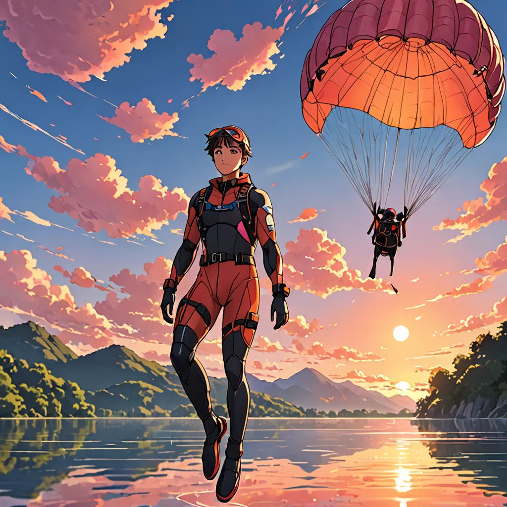 a man flying a kite over a lake under a cloudy sky with a person in the air above him, sots art, poster art, Atey Ghailan, anime key visual