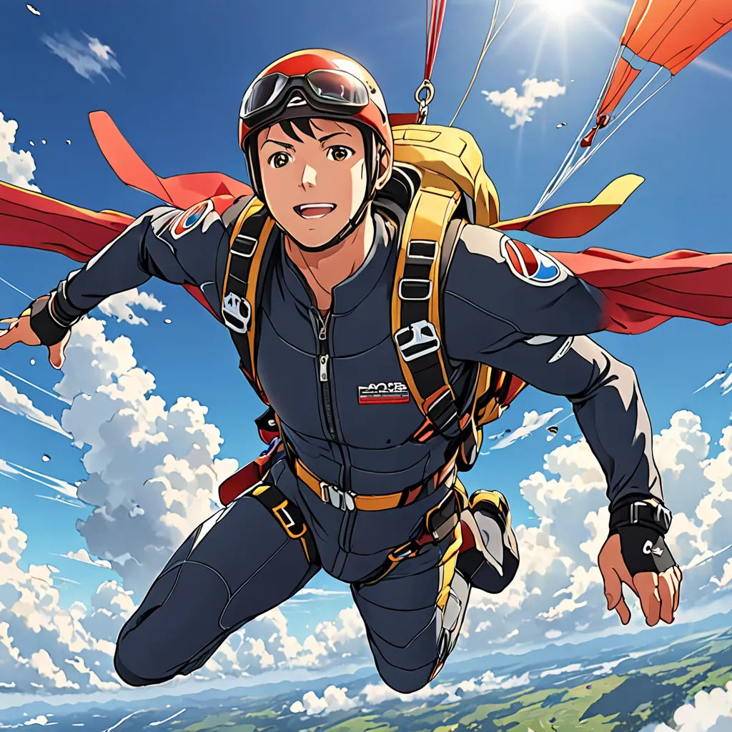 a man in a skydiver suit is flying through the air with a parachute above him and a sky background, sots art, concept art, Eizan Kikukawa, official art