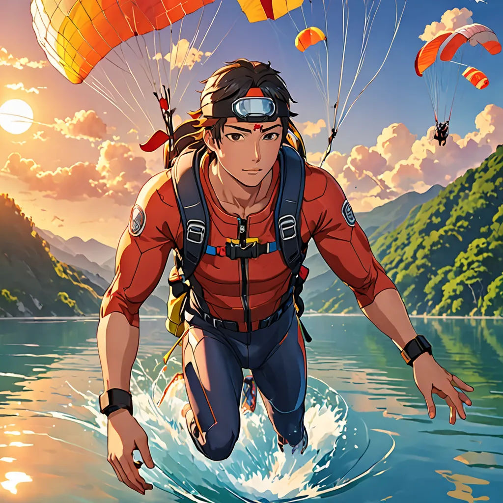 a man in a red shirt is para sailing in the water with a parachute behind him and a mountain in the background, sots art, concept art, Du Jin, official art