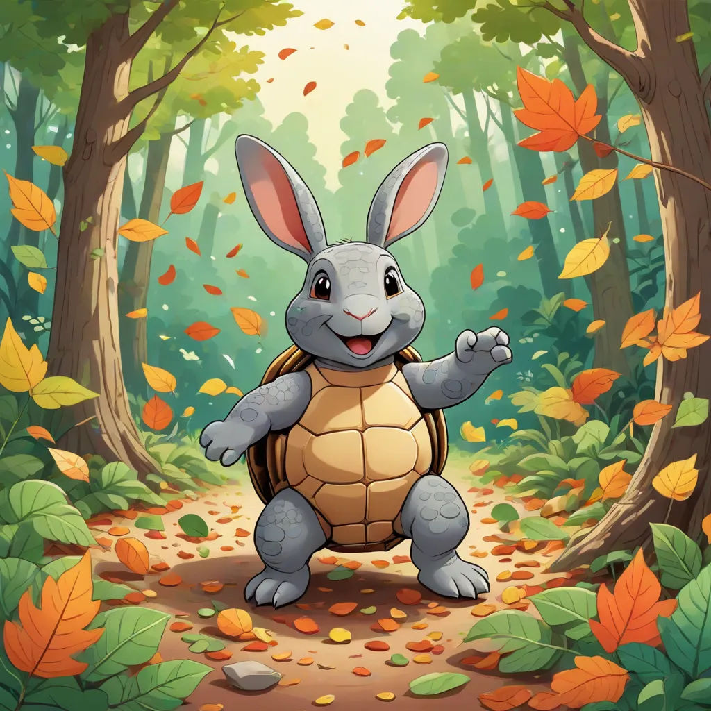 a rabbit is walking through the forest with a turtle on his back and leaves on the ground around him, Chris LaBrooy, sots art, a storybook illustration, storybook illustration