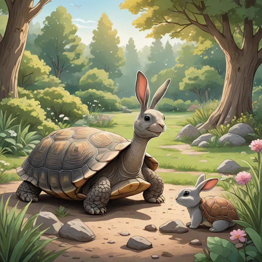 a rabbit and a turtle in a forest with rocks and grass and trees in the background, with a path leading to the right, Chris LaBrooy, fantasy art, a storybook illustration, official art