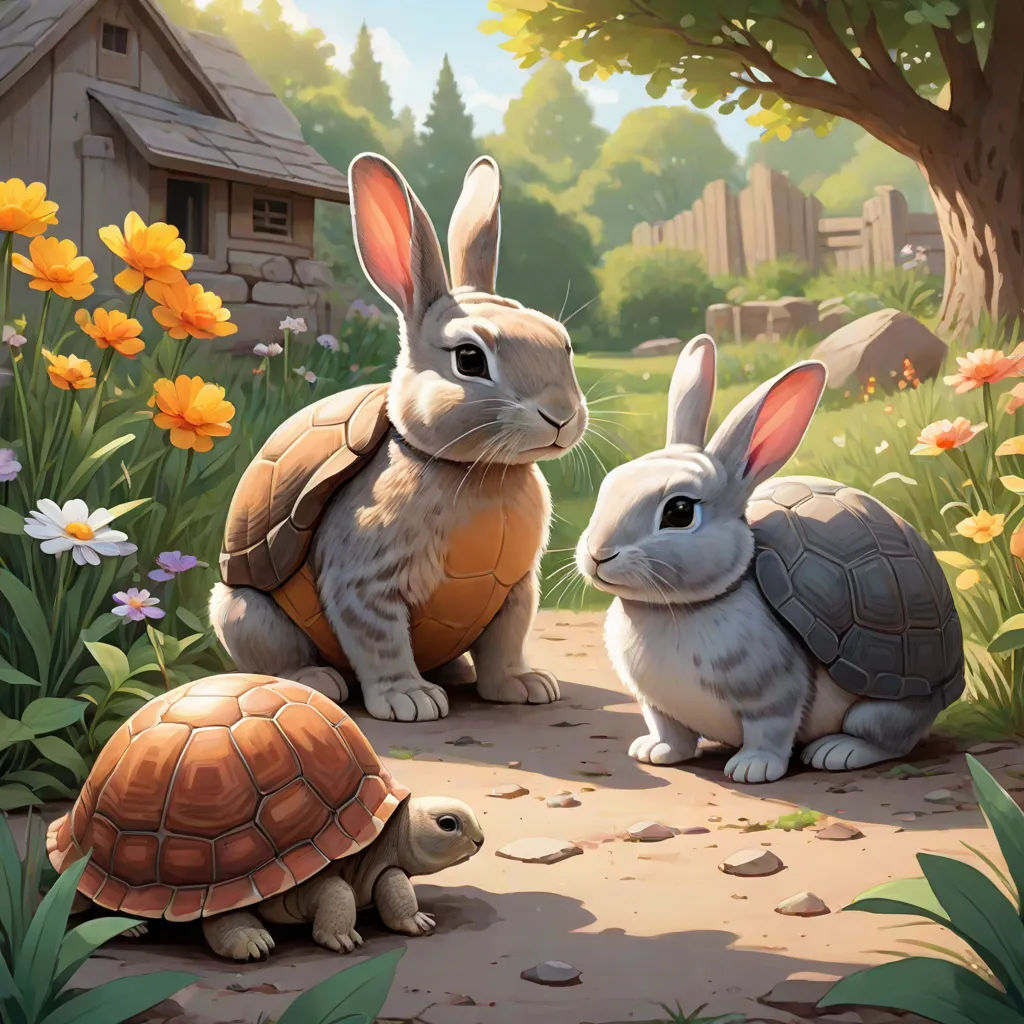 a couple of rabbits sitting next to each other on a field of flowers and grass with a house in the background, Clint Cearley, american scene painting, a storybook illustration, official art