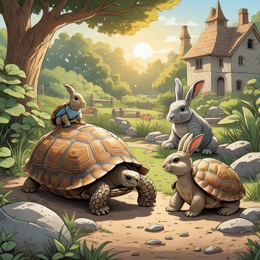a rabbit and a turtle are sitting on top of a turtle in the grass near a house and a tree, Chris LaBrooy, fantasy art, a storybook illustration, storybook illustration