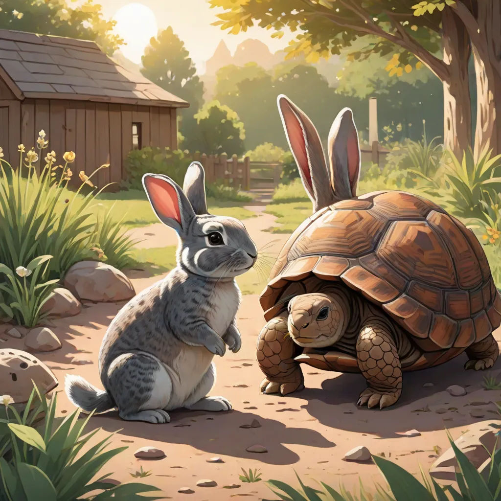 a rabbit and a turtle are in the grass near a house and trees, and one is looking at the turtle, Chris LaBrooy, american scene painting, a storybook illustration, official art