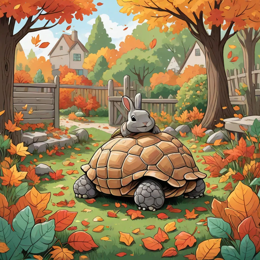 a cartoon turtle with a bunny rabbit sitting on top of it's back in a park with leaves, Chris LaBrooy, fantasy art, a storybook illustration, storybook illustration