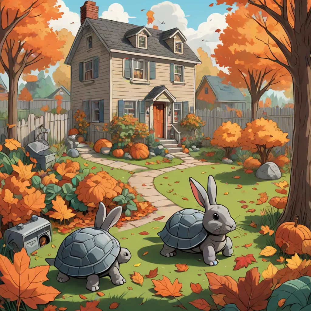 a couple of rabbits walking across a lush green field next to a house in the fall with leaves on the ground, Chris LaBrooy, american scene painting, a storybook illustration, storybook illustration