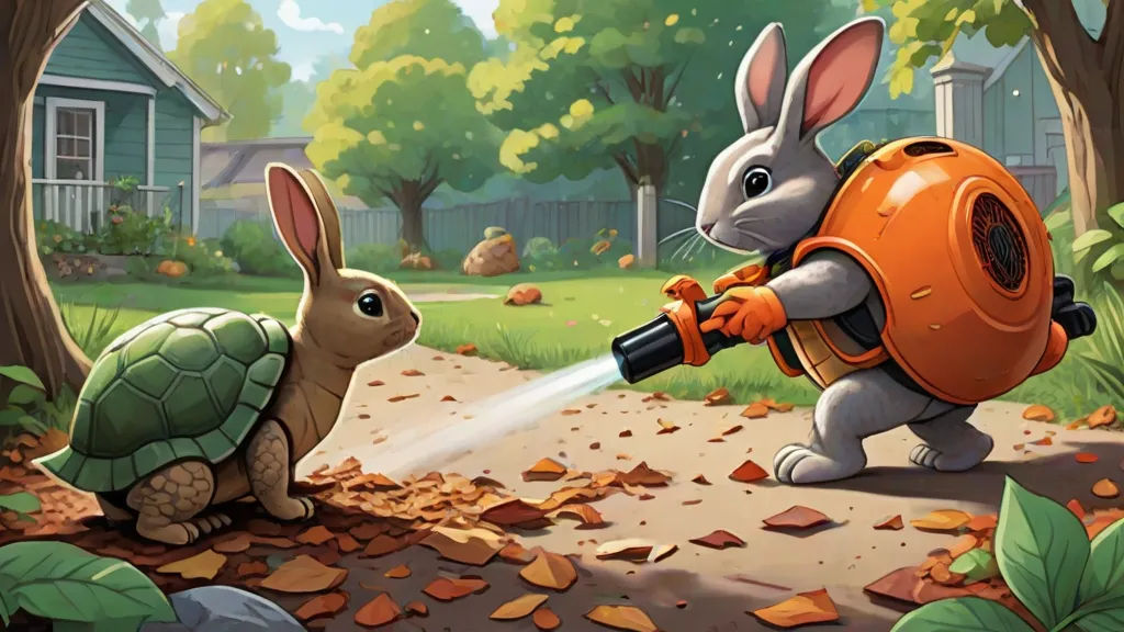 "Look, Rocky! It's a blower! Let's play with it!" Bunny hopped around, eager to investigate. Rocky, with his wise, slow nature, shook his head.