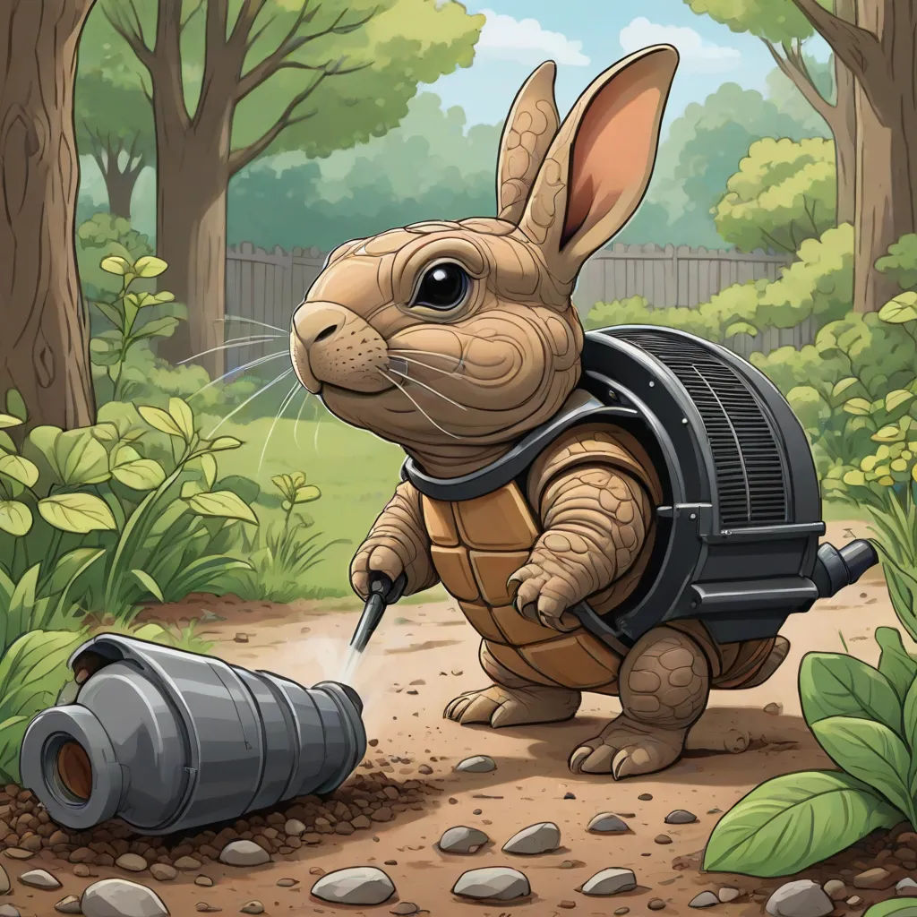 a rabbit in a suit is watering the ground with a hose and a barrel in the background is a wooded area, Chris LaBrooy, sots art, a storybook illustration, splash art