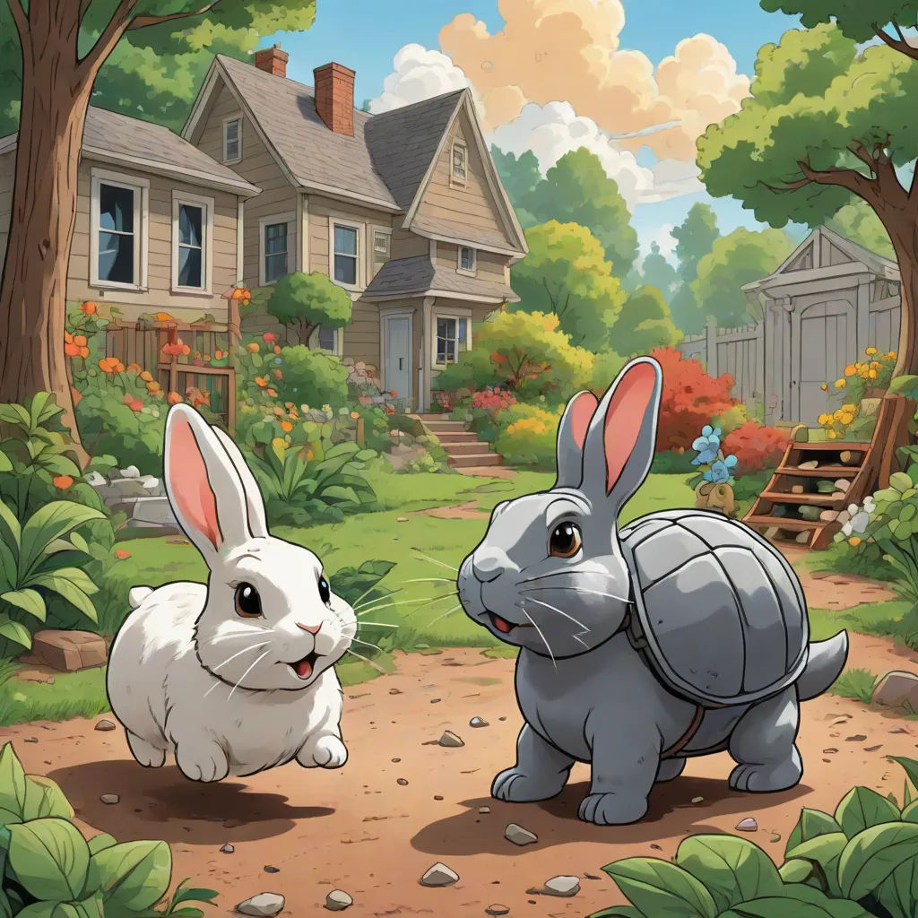 a rabbit and a rabbit in a garden with a house in the background and a rabbit in the foreground, Beatrix Potter, furry art, a storybook illustration, official art