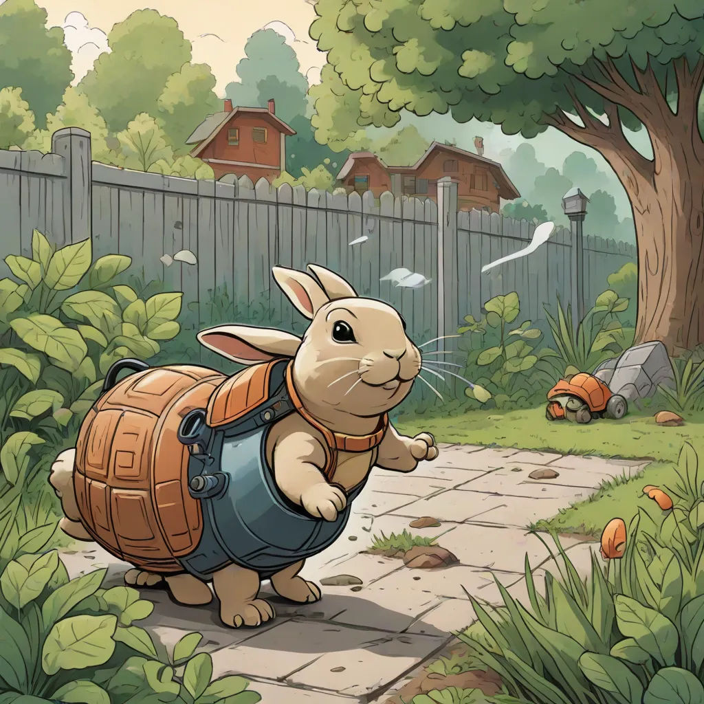 a rabbit with a backpack is walking in the grass near a fence and a tree with a house in the background, Chris LaBrooy, fantasy art, a storybook illustration, storybook illustration