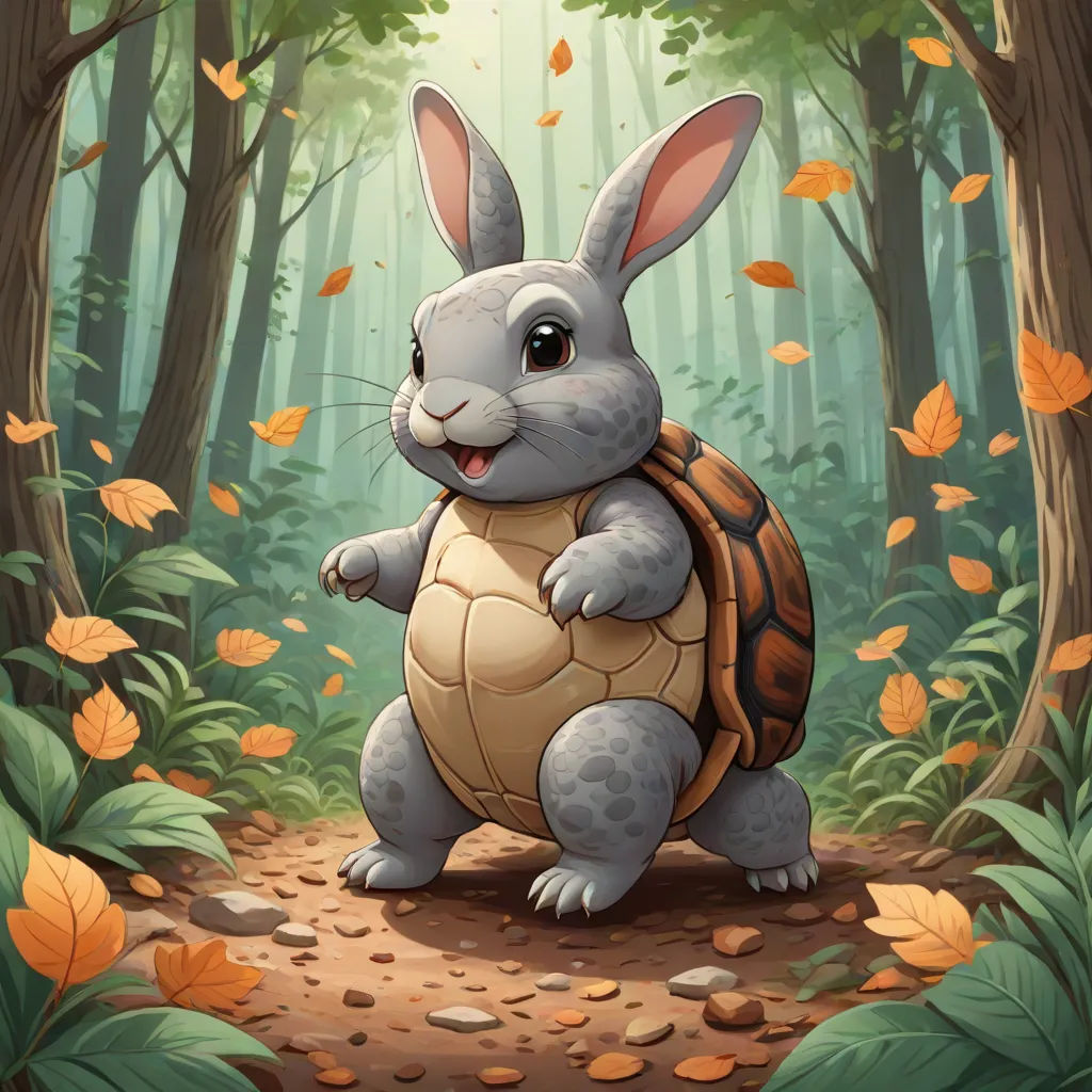 a rabbit is carrying a turtle in the forest with leaves on the ground and a forest background with trees and leaves, Chris LaBrooy, fantasy art, a character portrait, magic the gathering artwork