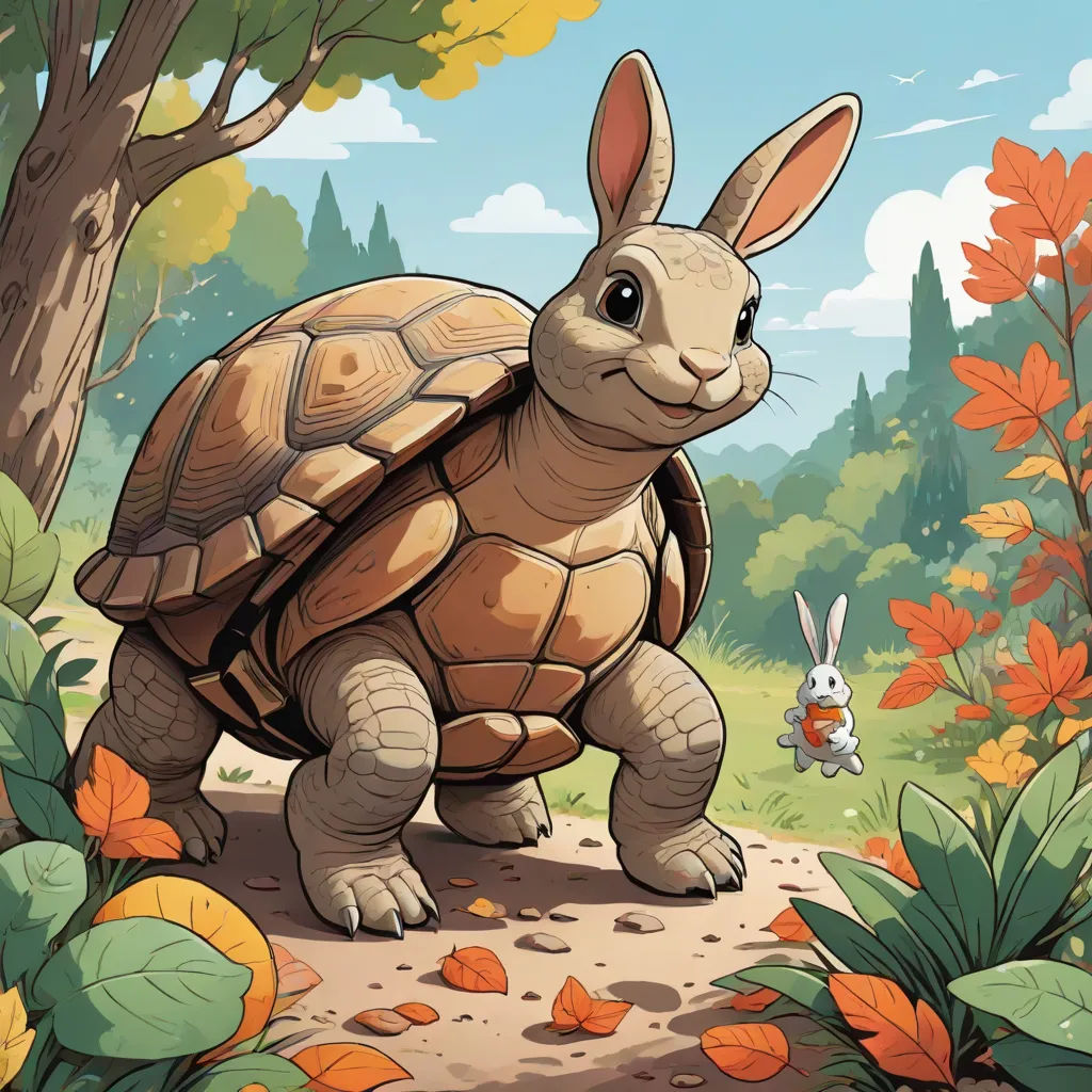 a cartoon turtle and a rabbit in a forest with leaves and flowers on the ground and a sky background, Chris LaBrooy, furry art, a storybook illustration, josan gonzales and dan mumford