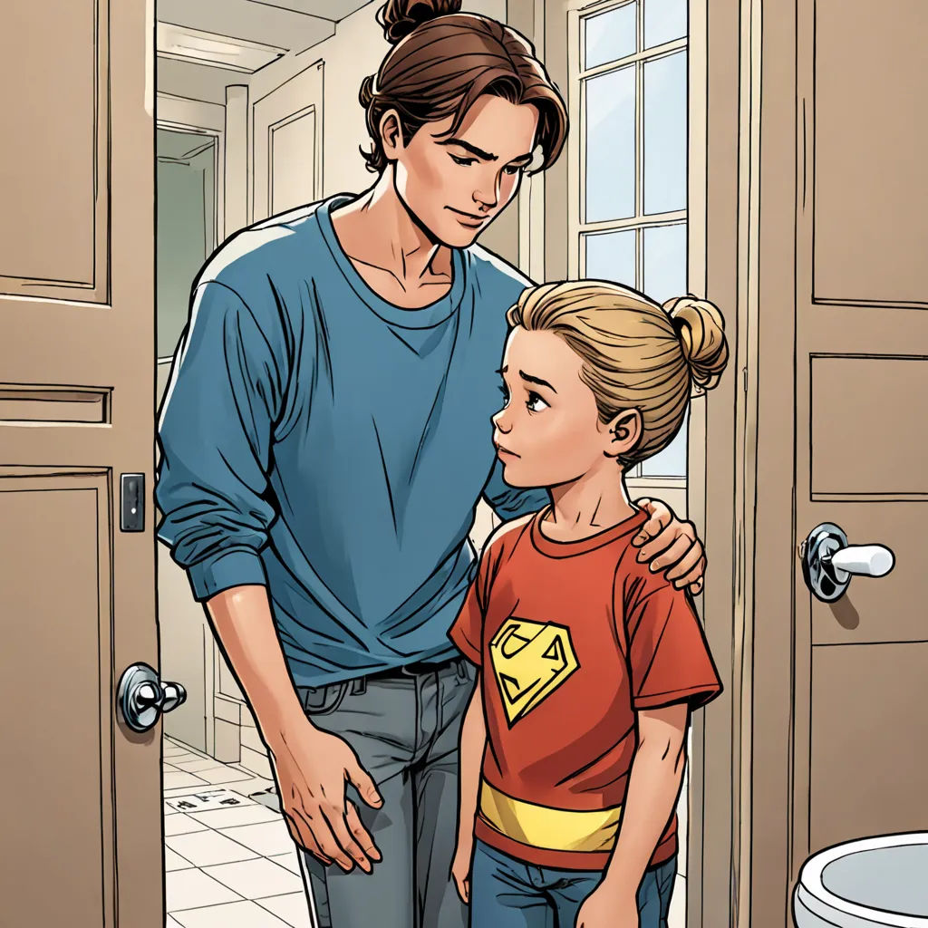 a man and a little girl standing in a bathroom together, looking at each other and smiling at each other, superflat, a comic book panel, Alan Davis, comic cover art