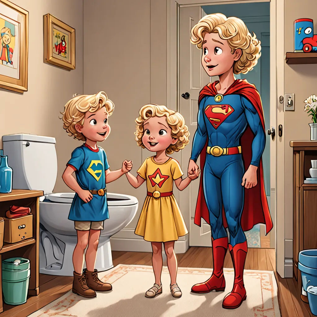 a mother and two children are standing in a bathroom with a toilet and a sink in the background and a picture of a superman on the wall, lyco art, a storybook illustration, Carol Sutton, storybook illustration