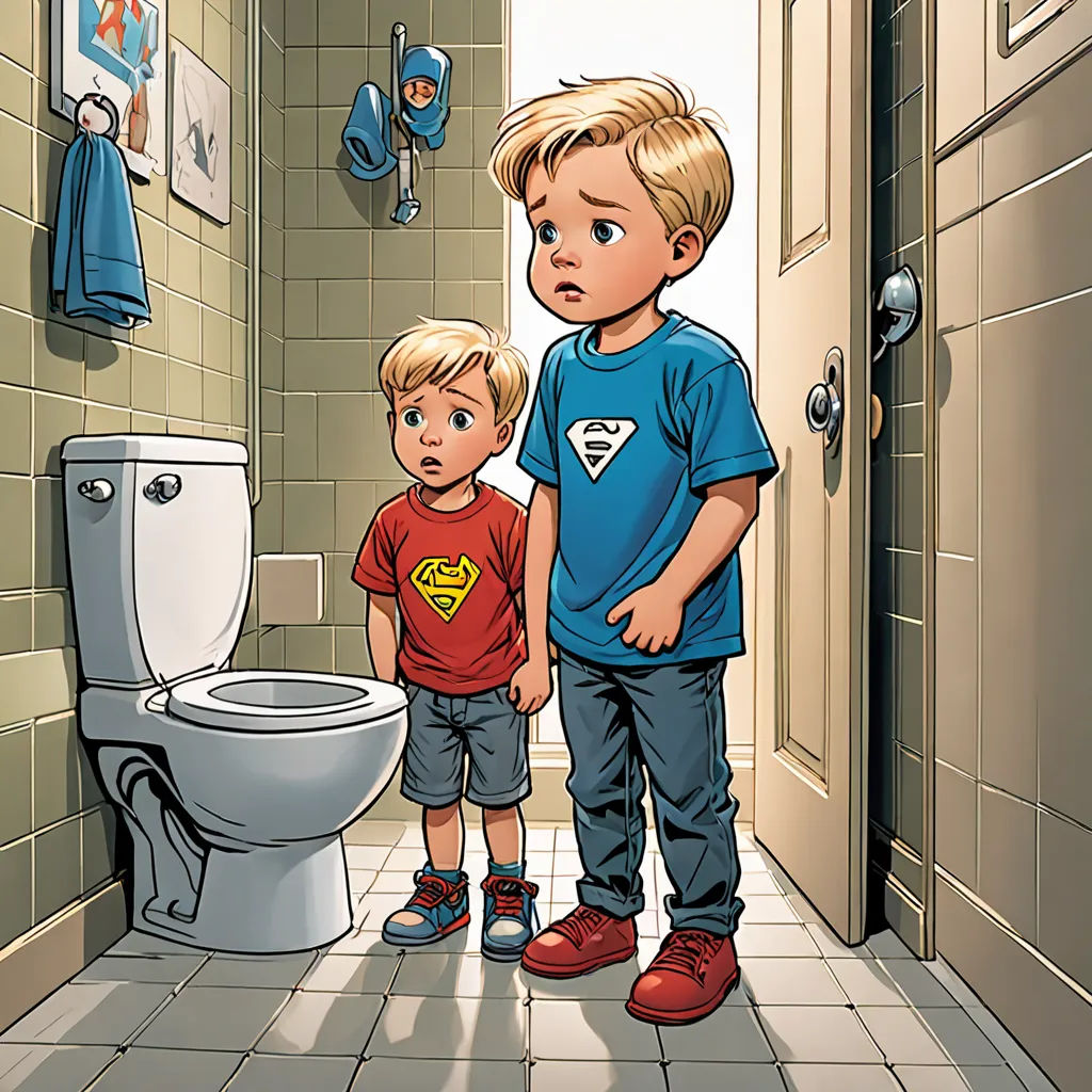 a boy and a boy standing in a bathroom next to a toilet and a sink with a superman shirt on, lyco art, a storybook illustration, Brothers Hildebrandt, comic cover art