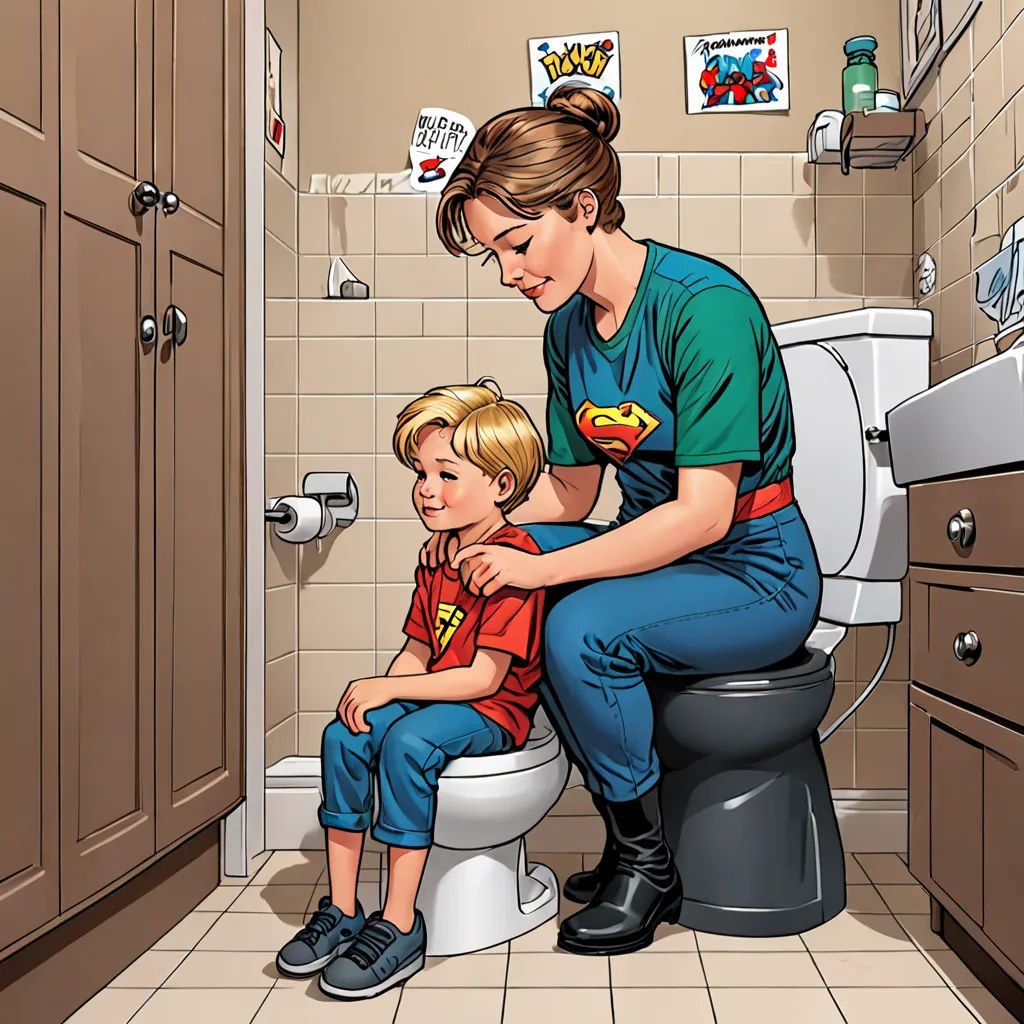 a woman is helping a child to sit on a toilet in a bathroom with a tiled floor and walls, lyco art, a storybook illustration, F Scott Hess, comic cover art