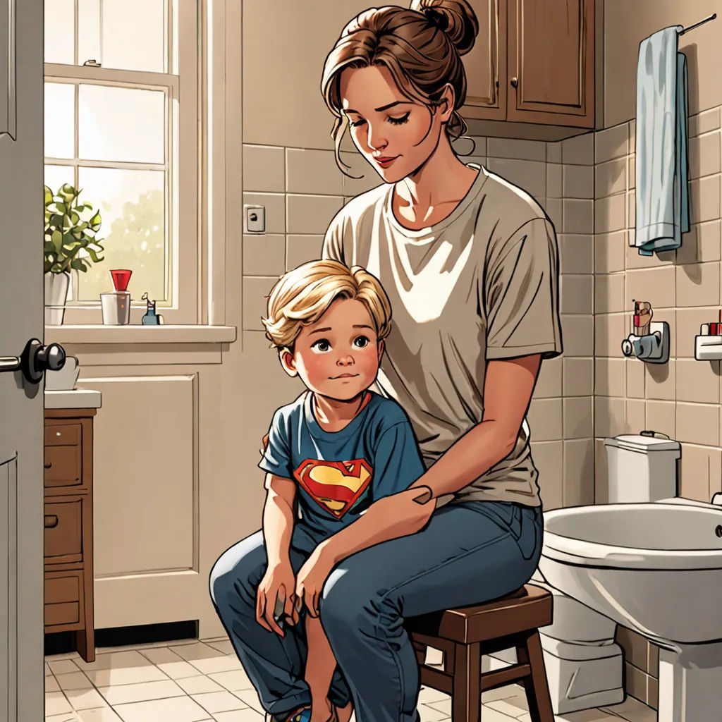 a woman sitting on a stool next to a child in a bathroom with a sink and toilet in the background, hyperrealism, a comic book panel, Elizabeth Forbes, comic cover art