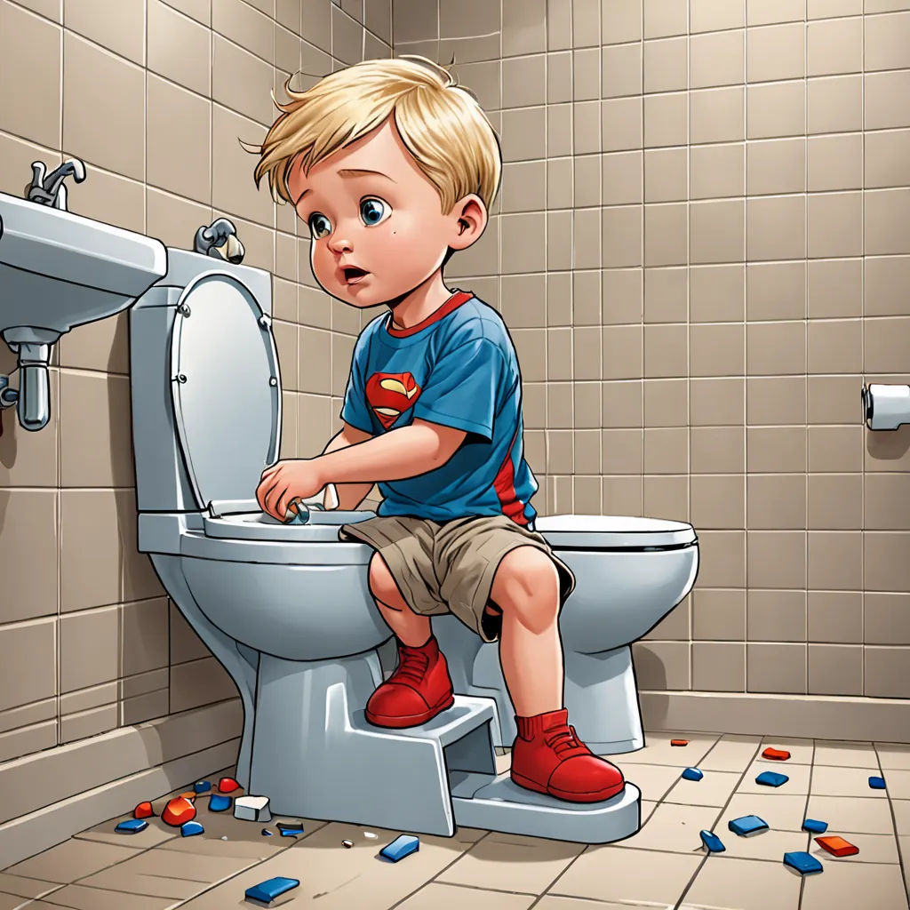 a boy sitting on a toilet in a bathroom with a mess of toilet paper all over the floor and walls, photorealism, a storybook illustration, Chris LaBrooy, highly detailed digital painting