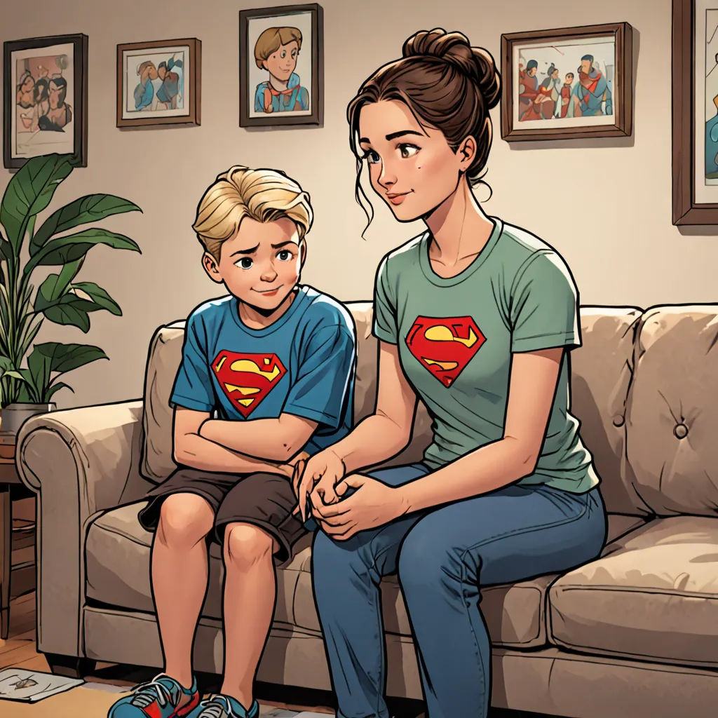 a woman and a boy sitting on a couch in a living room with a picture of a family on the wall, superflat, a comic book panel, Alan Davis, comic cover art