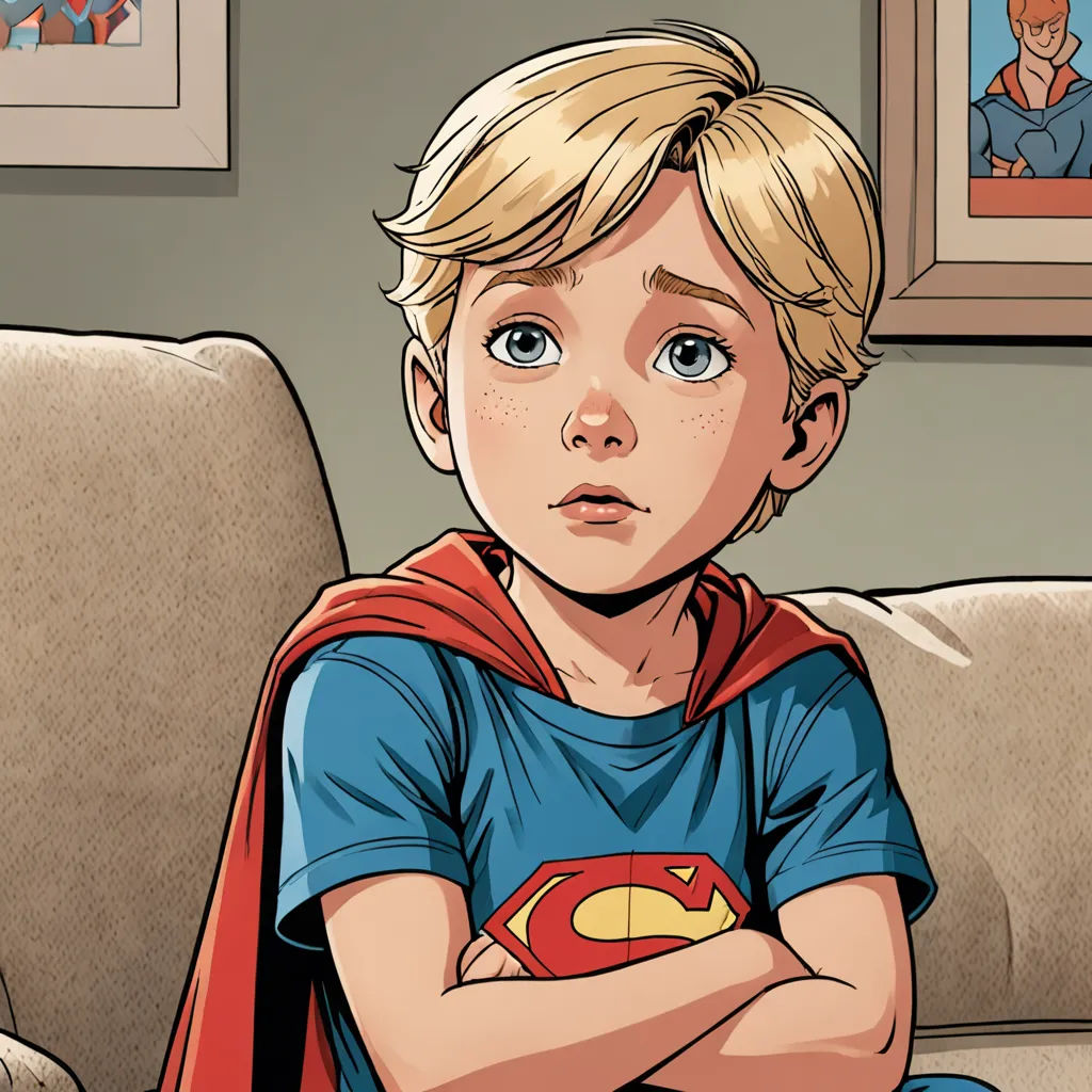 a boy sitting on a couch with his arms crossed and a superman cape on his chest, in a living room, hyperrealism, a comic book panel, Alan Davis, comic cover art