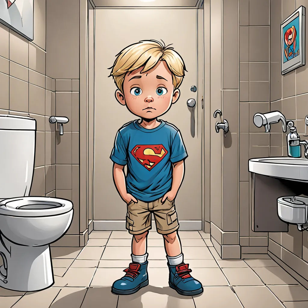 a boy standing in a bathroom with a toilet and sink in the background and a toilet paper roll in the foreground, sots art, a storybook illustration, Diego Gisbert Llorens, comic cover art