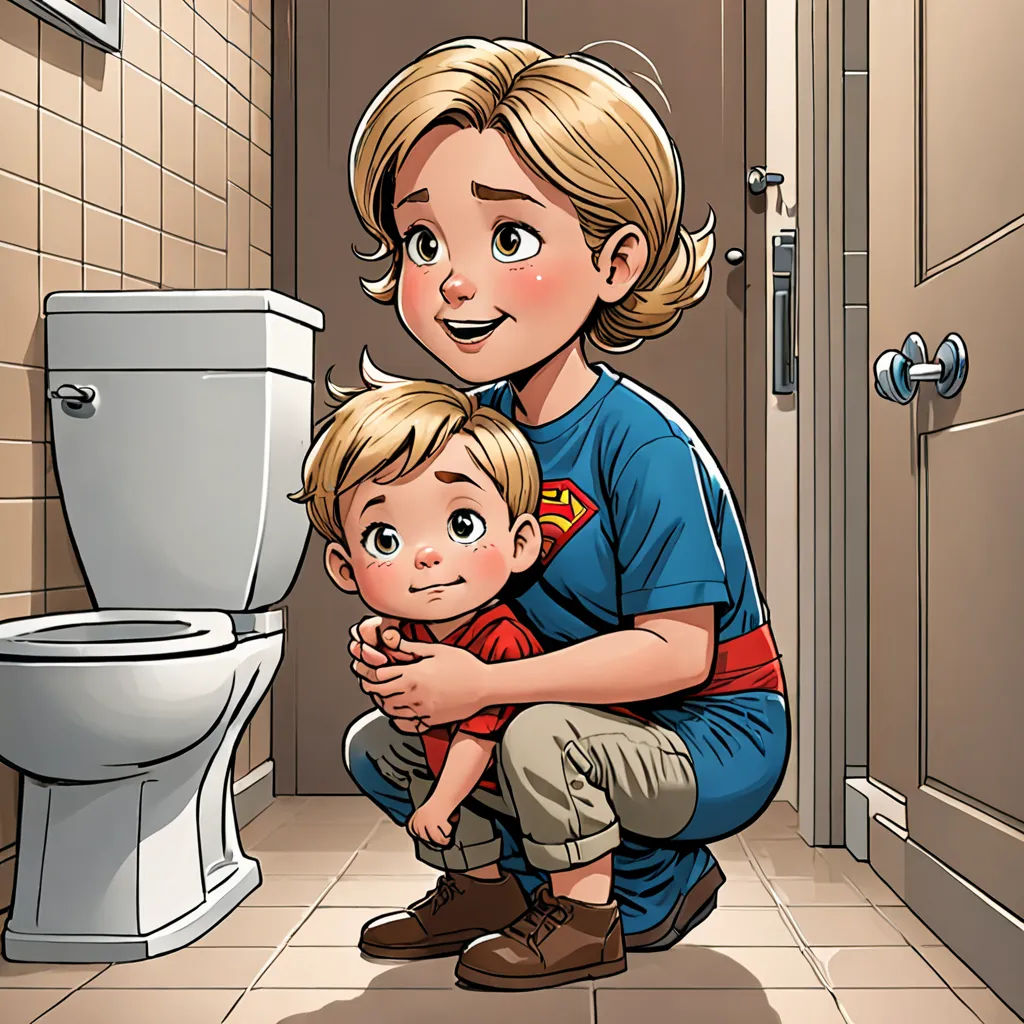a woman holding a child in a bathroom next to a toilet bowl and a toilet paper roll on the floor, lyco art, a storybook illustration, Altichiero, comic cover art