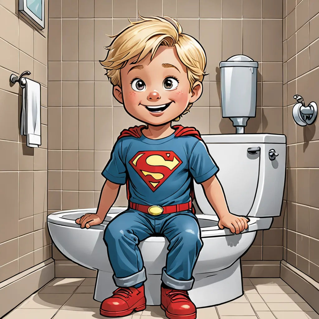 a cartoon boy sitting on a toilet in a bathroom with a toilet paper roll and a toilet paper roll, lyco art, a comic book panel, Alan Davis, comic cover art