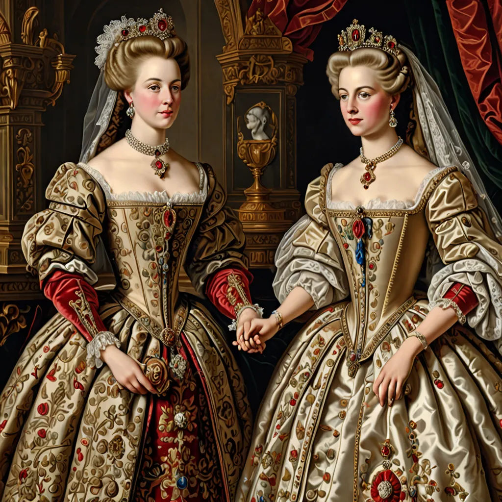 a painting of two women in dresses standing next to each other in front of a red curtain and a gold and white wall, rococo, a flemish Baroque, Charles Le Brun, highly detailed oil painting