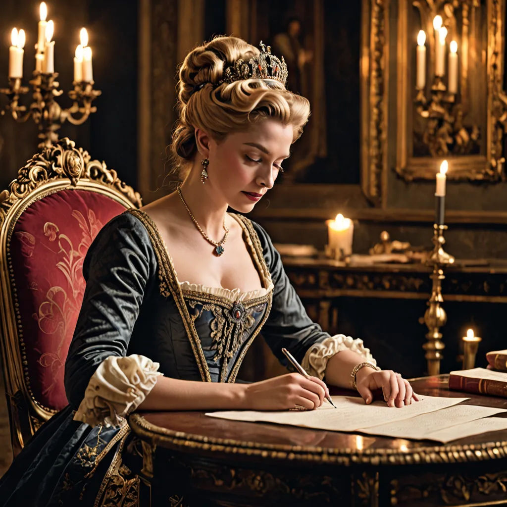 a woman in a dress sitting at a table writing on a piece of paper with candles in the background, rococo, a flemish Baroque, Constance-Anne Parker, promotional image